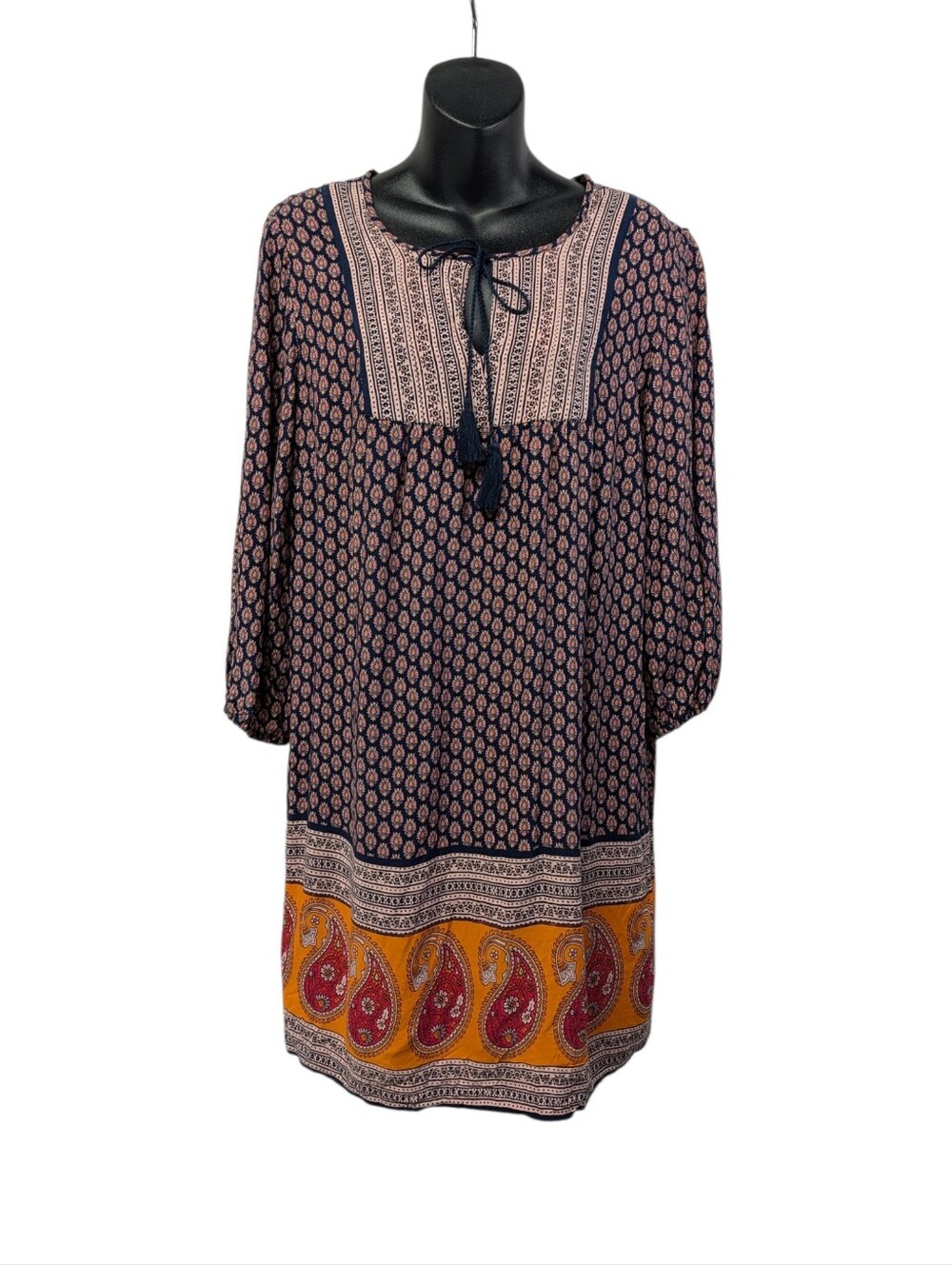 beachlunchlounge Women's Navy Paisley Tasseled Tie V-Neck Shift Dress M